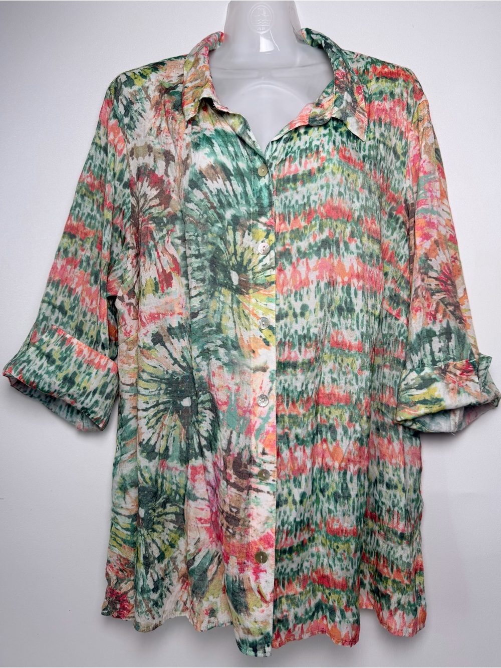 Alfred Dunner Womens Button Up Blouse size 1X Tie Dye Boho 3/4 Sleeve Casual